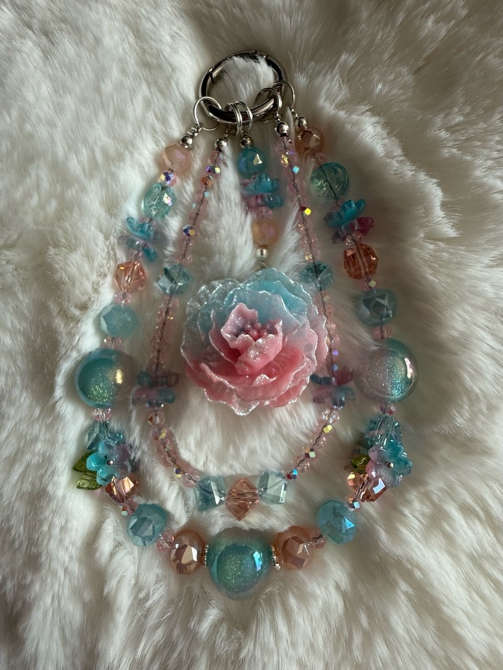 Pastel Pink & Blue Floral Beaded Key and Card Holder Charm